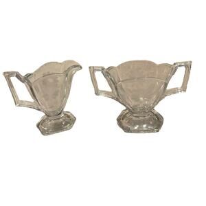 Vtg Heisey Glass "Daisy " Sugar & Creamer Set, Etched Flower , Art Deco Uranium